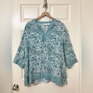 Sigrid Olsen Women’s 100% Linen Green White Top Shirt Size XL Coastal Beach